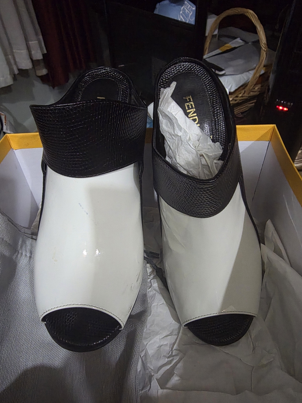 Fendi Black and White Open-Toe Leather Mules